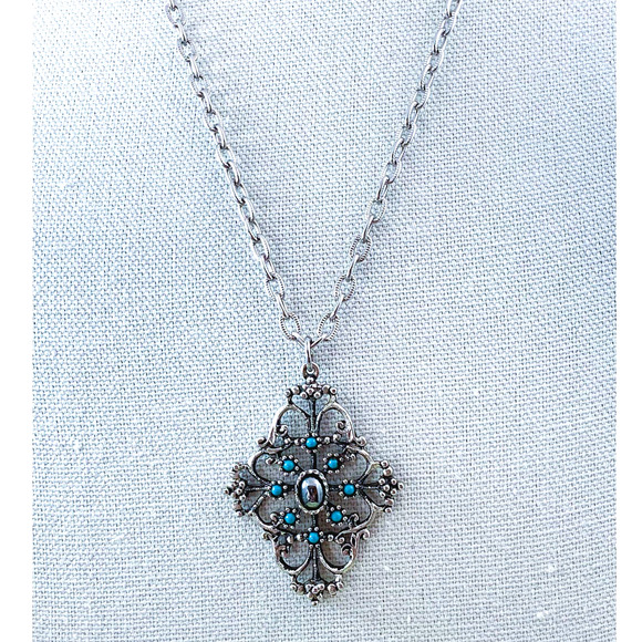 Avon Mirabella, 1974, Pendant & Clip-on Earrings, Hematite & Faux Turquoise - Picture 5 of 5